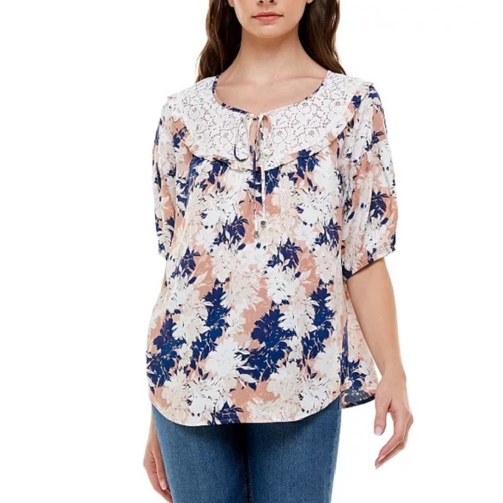 Adrienne Vittadini Elbow Sleeve Peasant Floral Print Top L